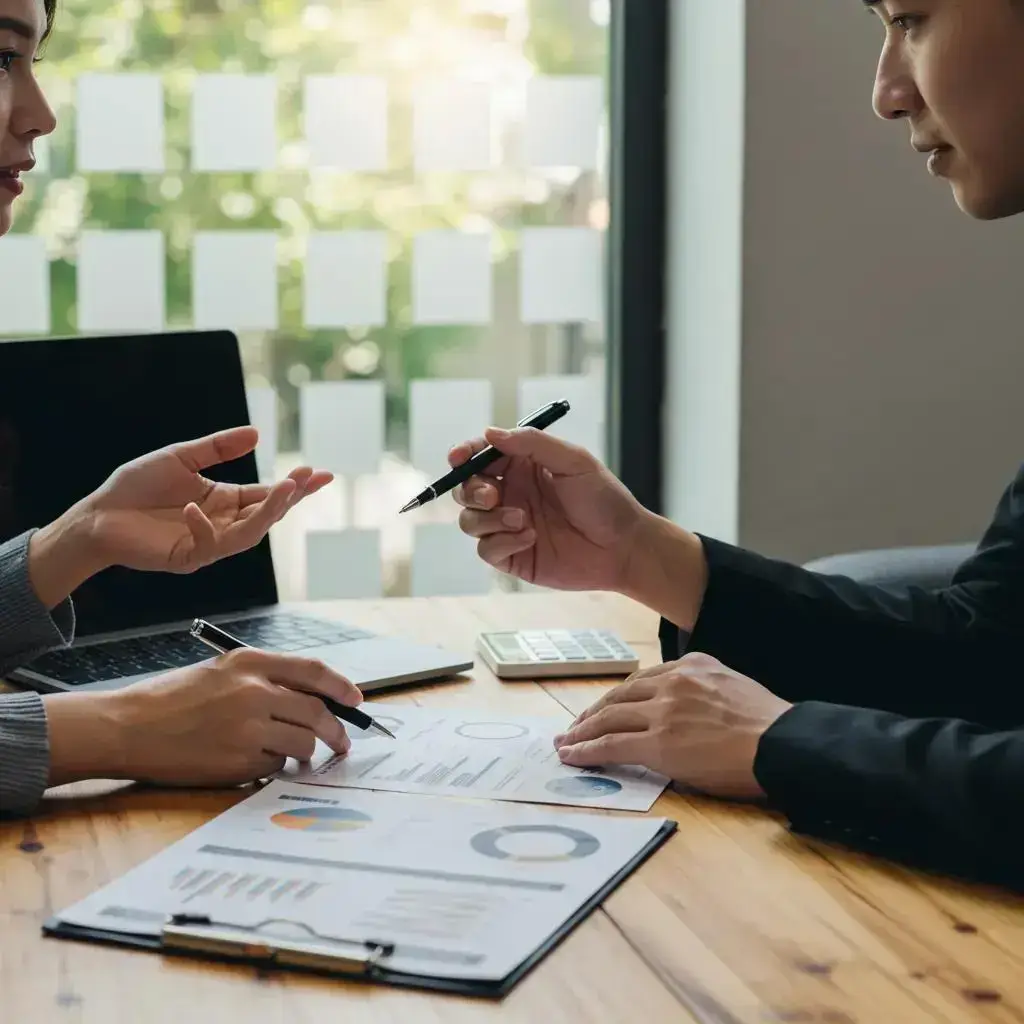 Business owner evaluating digital marketing agency proposals in a collaborative meeting